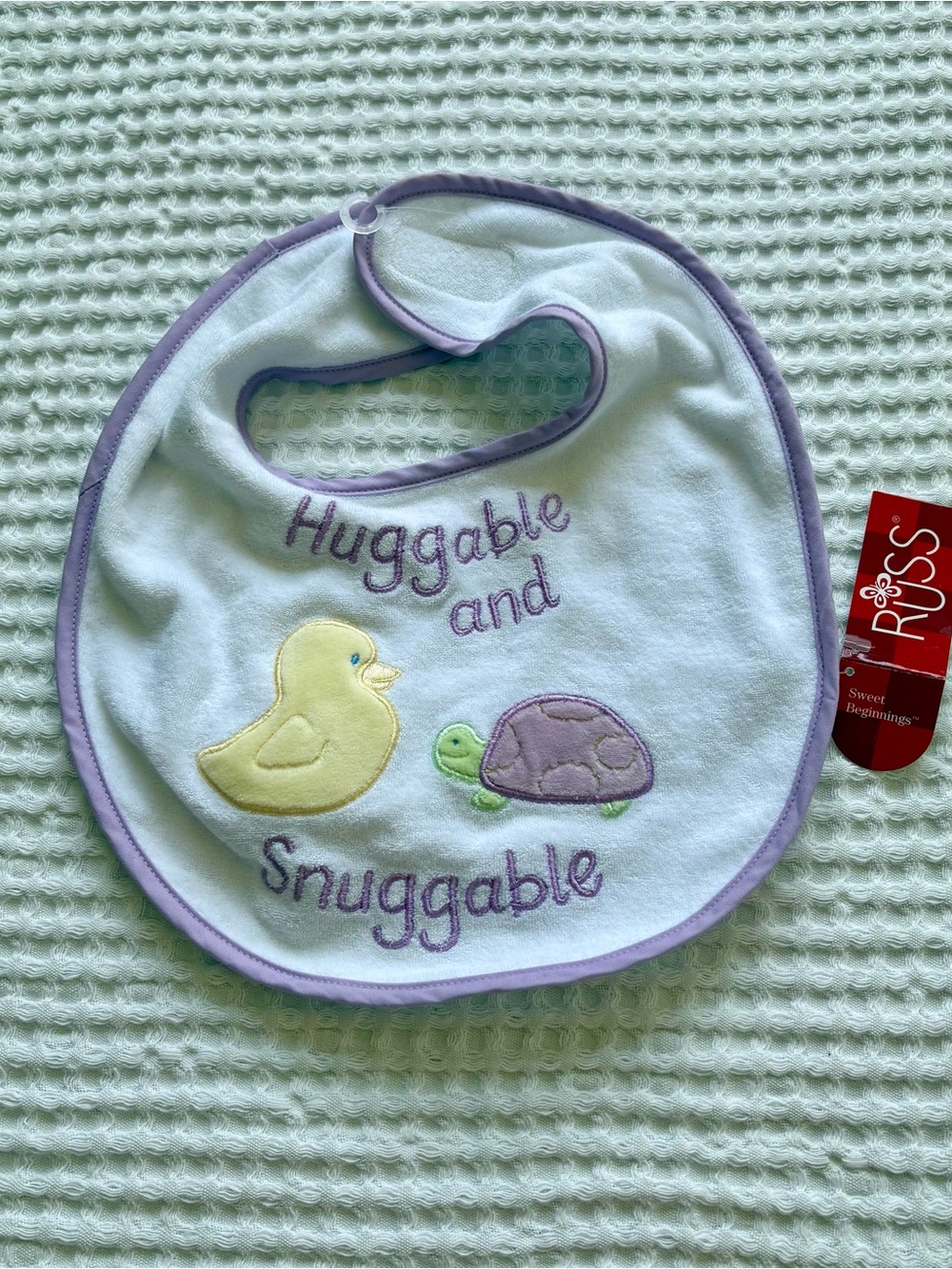 NWT Vintage 90s Russ Berrie Sweet Beginnings Huggable Snuggable Bib Squeaker OS